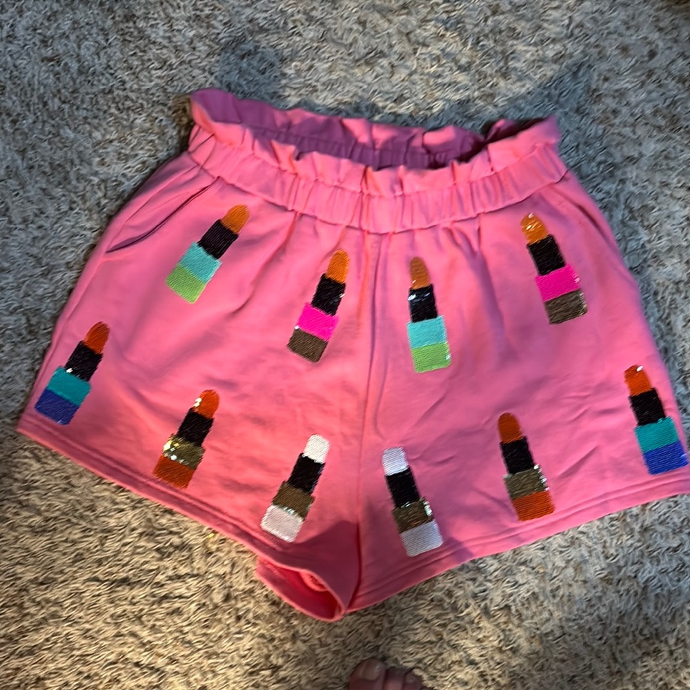 Vibrant Pink Shorts with Lipstick Sequin Design